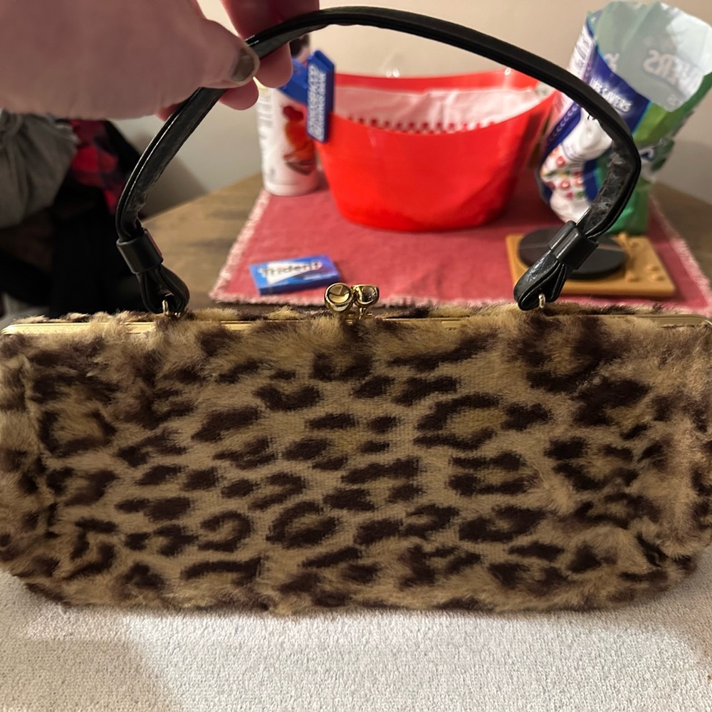 Faux Fur Leopard Print Top-Handle Clutch - Brown